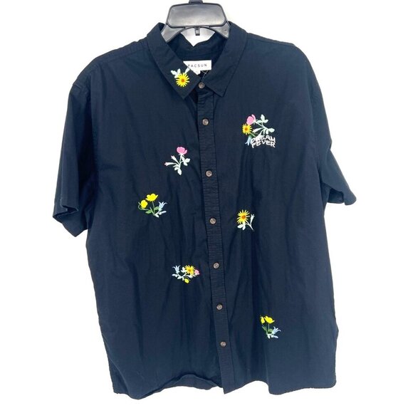 Pacsun Mens Fever Dream Embroidered Floral Black Button Up Shirt Casual Size XL - Picture 1 of 4